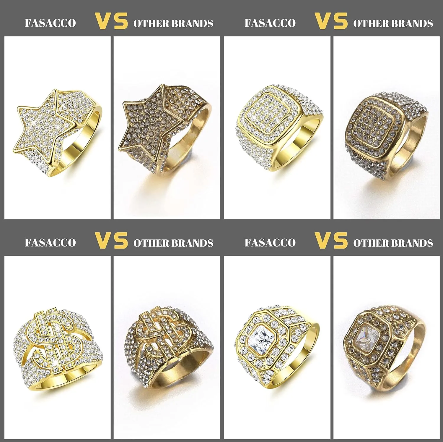 FASACCO 5pcs 18K Gold Plated Bling Pinky Ring Simulated Diamond Iced Out CZ Punky Rappers Star Dollar Sign Hip Hop Ring for Men