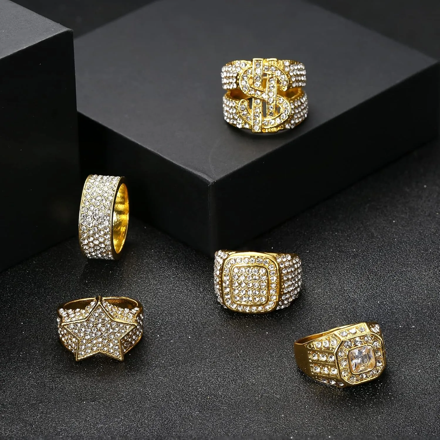 FASACCO 5pcs 18K Gold Plated Bling Pinky Ring Simulated Diamond Iced Out CZ Punky Rappers Star Dollar Sign Hip Hop Ring for Men