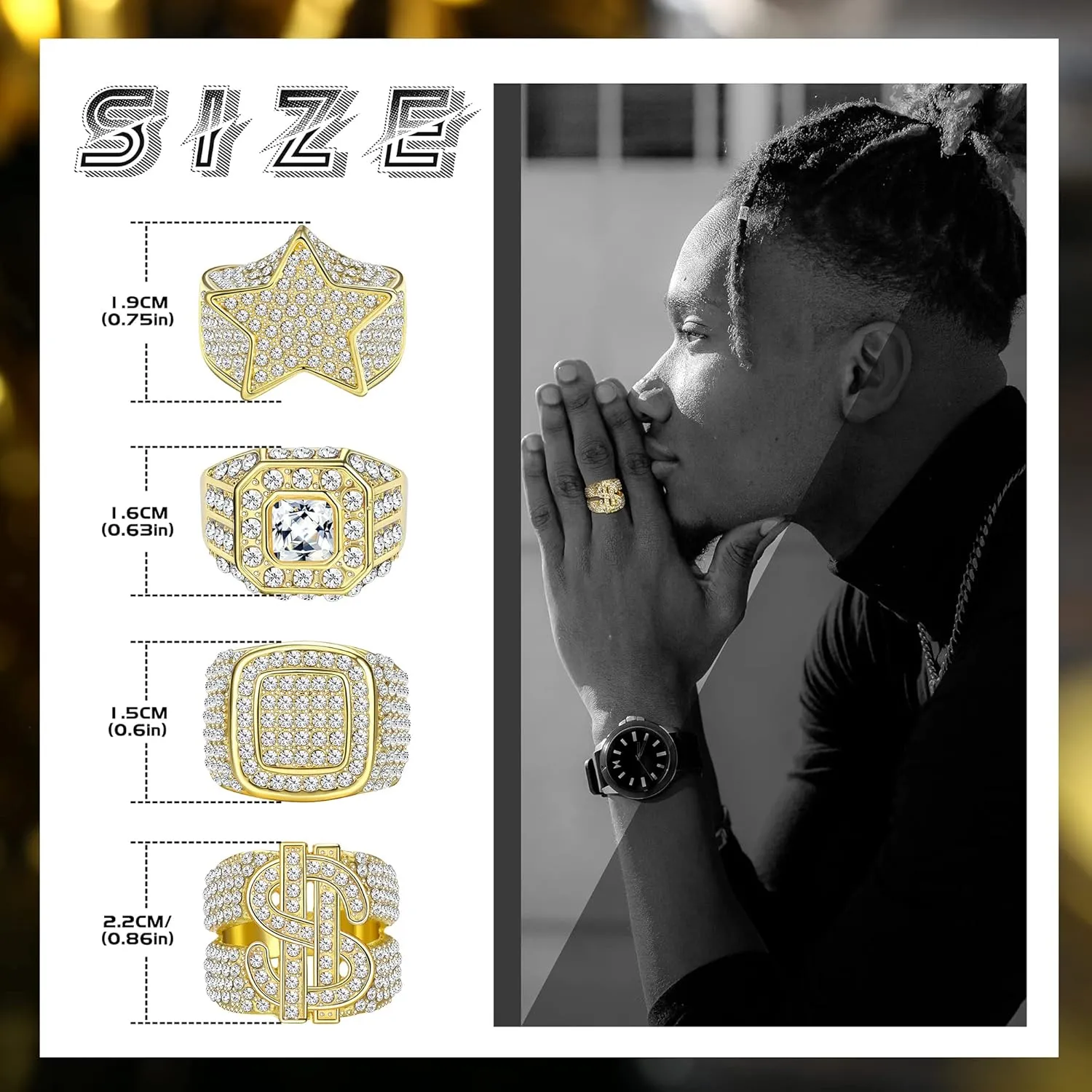 FASACCO 5pcs 18K Gold Plated Bling Pinky Ring Simulated Diamond Iced Out CZ Punky Rappers Star Dollar Sign Hip Hop Ring for Men