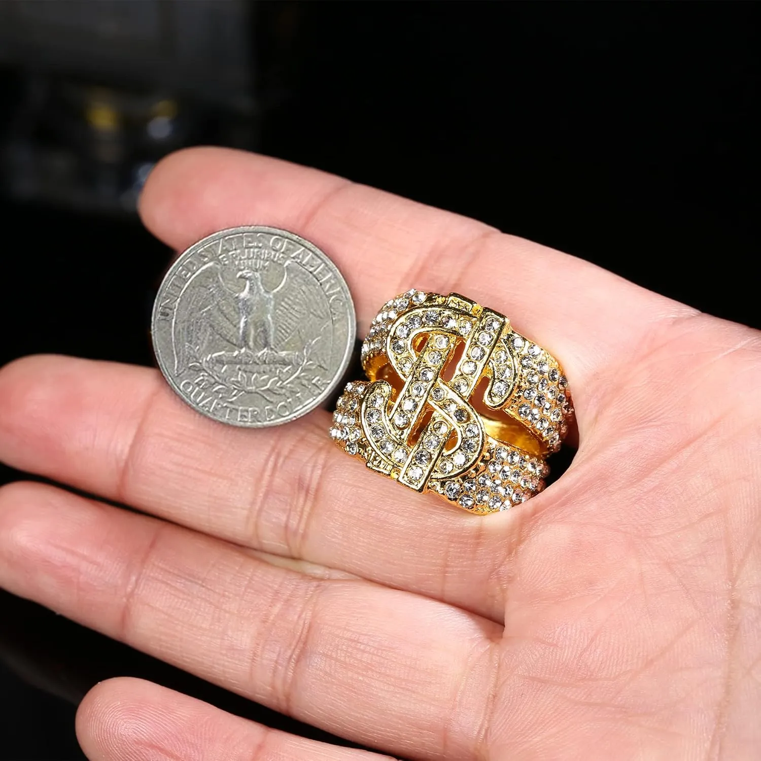 FASACCO 5pcs 18K Gold Plated Bling Pinky Ring Simulated Diamond Iced Out CZ Punky Rappers Star Dollar Sign Hip Hop Ring for Men