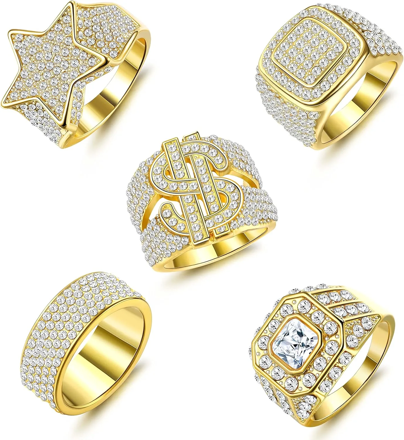 FASACCO 5pcs 18K Gold Plated Bling Pinky Ring Simulated Diamond Iced Out CZ Punky Rappers Star Dollar Sign Hip Hop Ring for Men