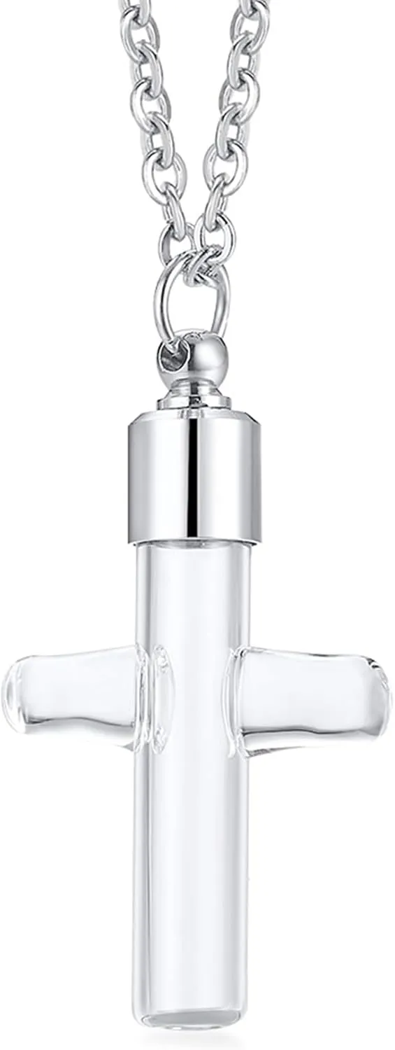 Fashion Cross Necklace Stainless Steel Glass Vial Pendant Memorial Keepsake Cremation Ashes Necklace