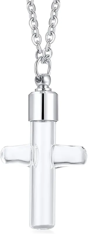Fashion Cross Necklace Stainless Steel Glass Vial Pendant Memorial Keepsake Cremation Ashes Necklace