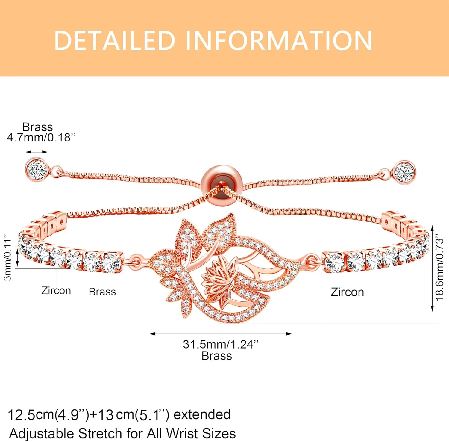 Fashion Grace Lotus Flower Bolo Bracelet, Bright Zircon Slider Clasp Floral Tennis Bracelet for Lady Mother, Gift for Birthday Wedding Mother's Day Valentine's Day YA4802