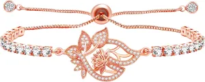 Fashion Grace Lotus Flower Bolo Bracelet, Bright Zircon Slider Clasp Floral Tennis Bracelet for Lady Mother, Gift for Birthday Wedding Mother's Day Valentine's Day YA4802