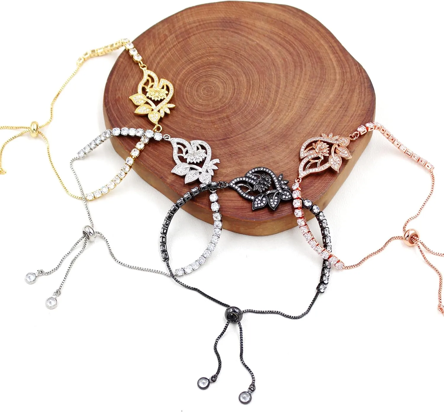 Fashion Grace Lotus Flower Bolo Bracelet, Bright Zircon Slider Clasp Floral Tennis Bracelet for Lady Mother, Gift for Birthday Wedding Mother's Day Valentine's Day YA4802