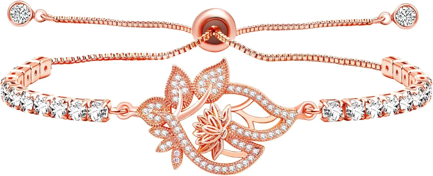 Fashion Grace Lotus Flower Bolo Bracelet, Bright Zircon Slider Clasp Floral Tennis Bracelet for Lady Mother, Gift for Birthday Wedding Mother's Day Valentine's Day YA4802