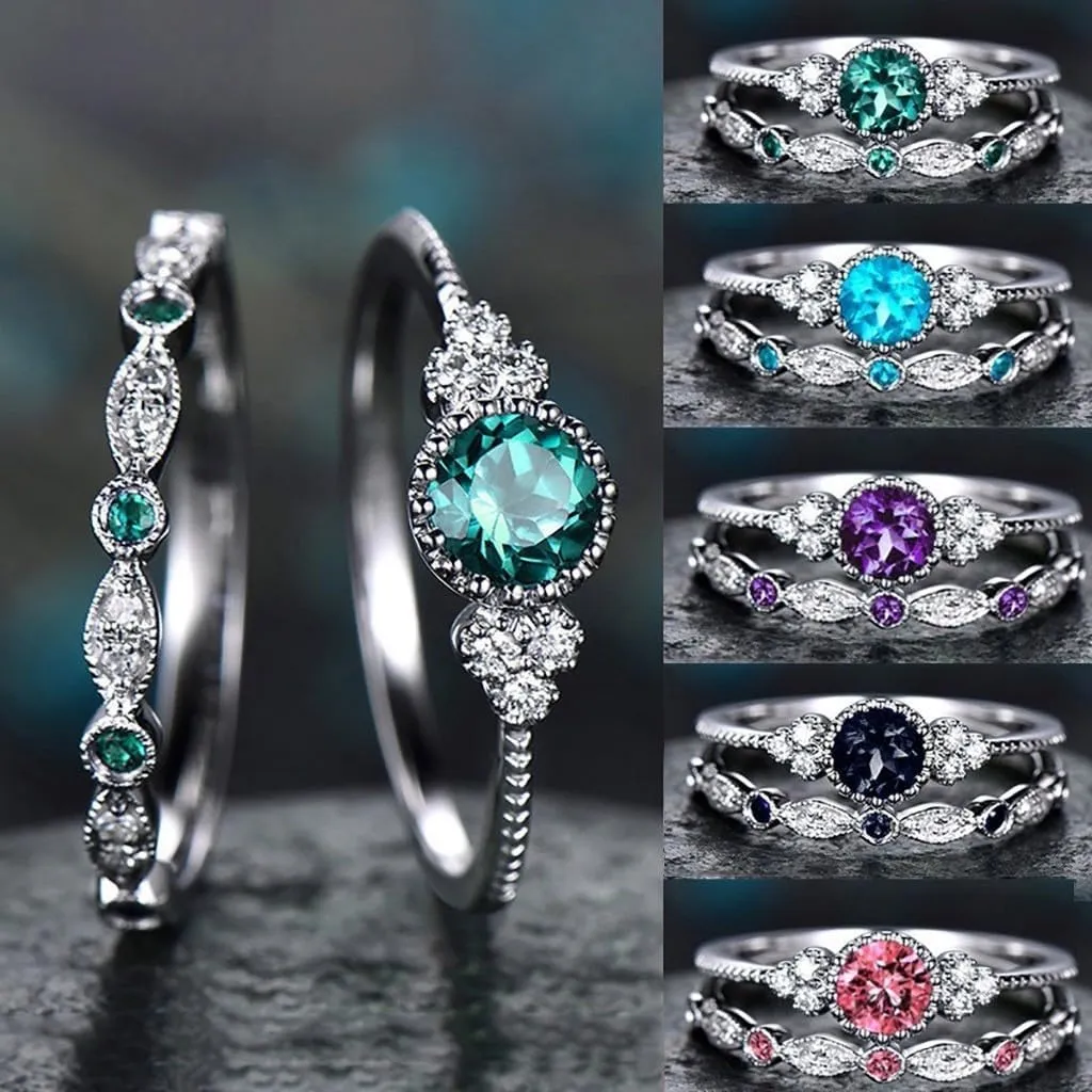 Fashion Ring for Women's Jewelry Blue Stone Stacking Diamond Rings 2pcs for Couple Gifts