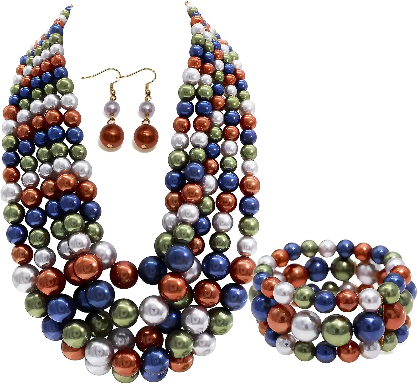 Faux Big Pearl Bib Collar Necklace, Bracelet and Earrings Set - 5 Layers, 1920s Costume Pearl Jewelry - Multi Color - Bridal Wedding Gift