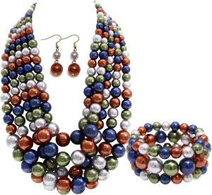 Faux Big Pearl Bib Collar Necklace, Bracelet and Earrings Set - 5 Layers, 1920s Costume Pearl Jewelry - Multi Color - Bridal Wedding Gift