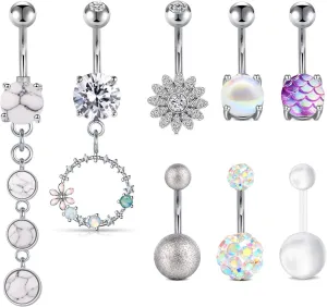 FECTAS 14G Belly Button Rings Dangle Surgical Steel CZ Belly Rings Navel Ring for Women Body Piercing Jewelry Pack
