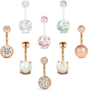 FECTAS 14g Belly Button Rings Surgical Steel CZ Navel Ring Barbell for Women Body Piercing Jewelry with Retainers Rose Gold Silver