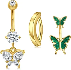 FECTAS 14G Gold Belly Button Ring for Women Stainless Steel Belly Rings Belly Button Piercing Clicker Dangle CZ Navel Piercing Jewelry Cute 3PCS