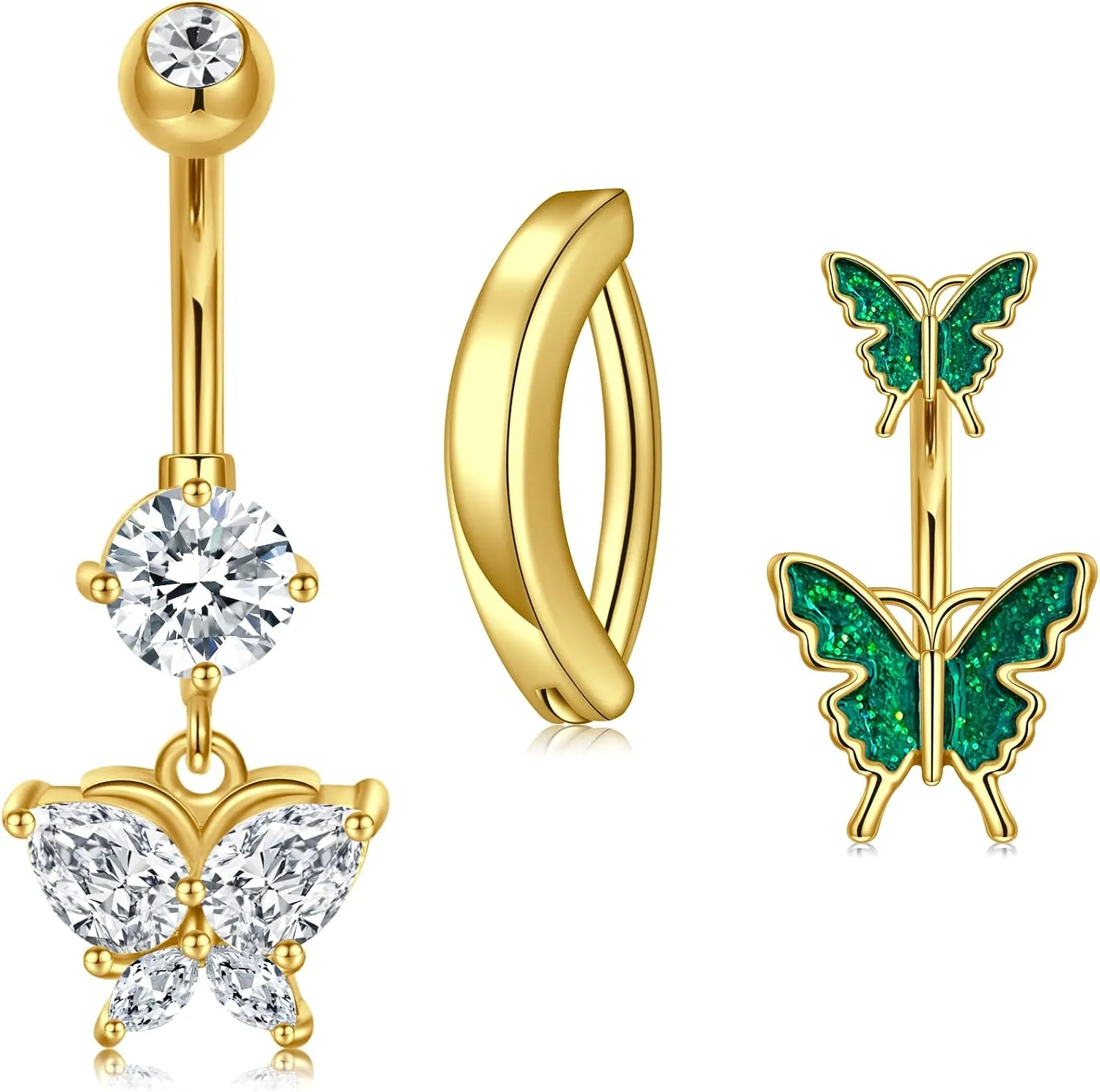 FECTAS 14G Gold Belly Button Ring for Women Stainless Steel Belly Rings Belly Button Piercing Clicker Dangle CZ Navel Piercing Jewelry Cute 3PCS