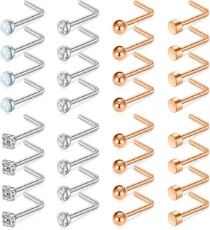 FECTAS 18g Nose Studs L Shape Nostril Rings Surgical Steel 1.5mm 2mm 2.5mm 3mm Diamond CZ for Women Men Nose Piercing Jewelry Set Rose Gold