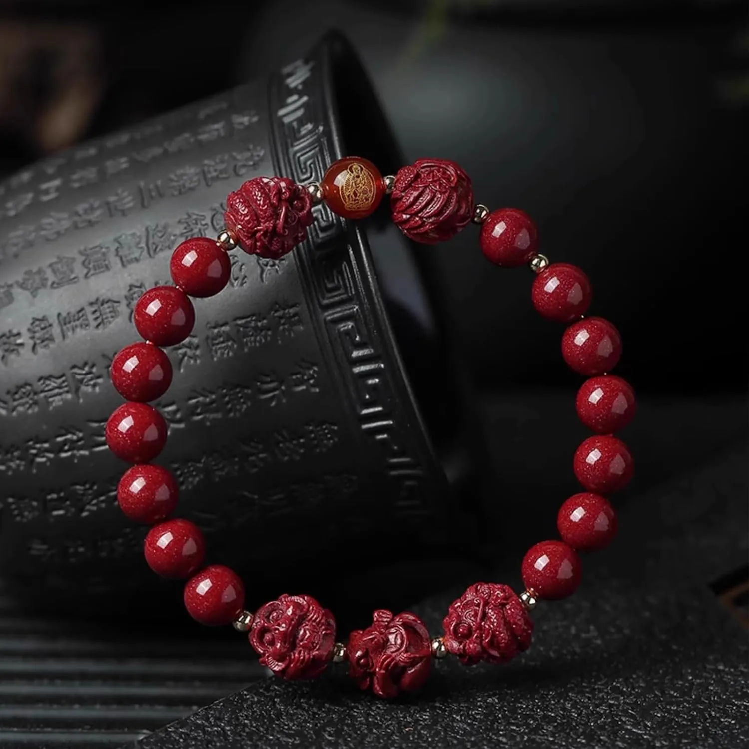 FengShui Wealth and Luck Bracelet, Feng Shui Cinnabar Stone Zodiac Wealth Bangle Prosperity Buddha Beads Elastic Bracelet for Women Jewelry