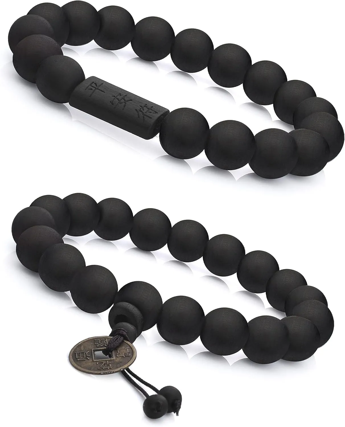 FIBO STEEL 2Pcs 11mm Wood Beaded Bracelet for Men Buddhist Beads Elastic