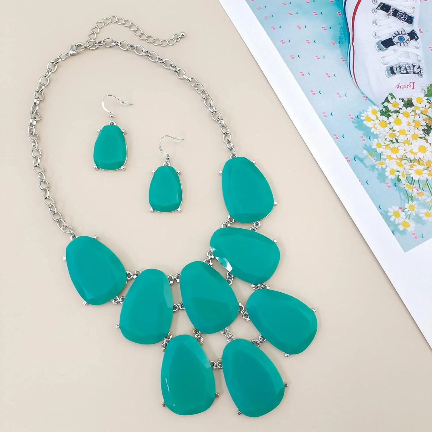 Firstmeet Chunky Bubble Statement Collar Necklace with Earrings for Women