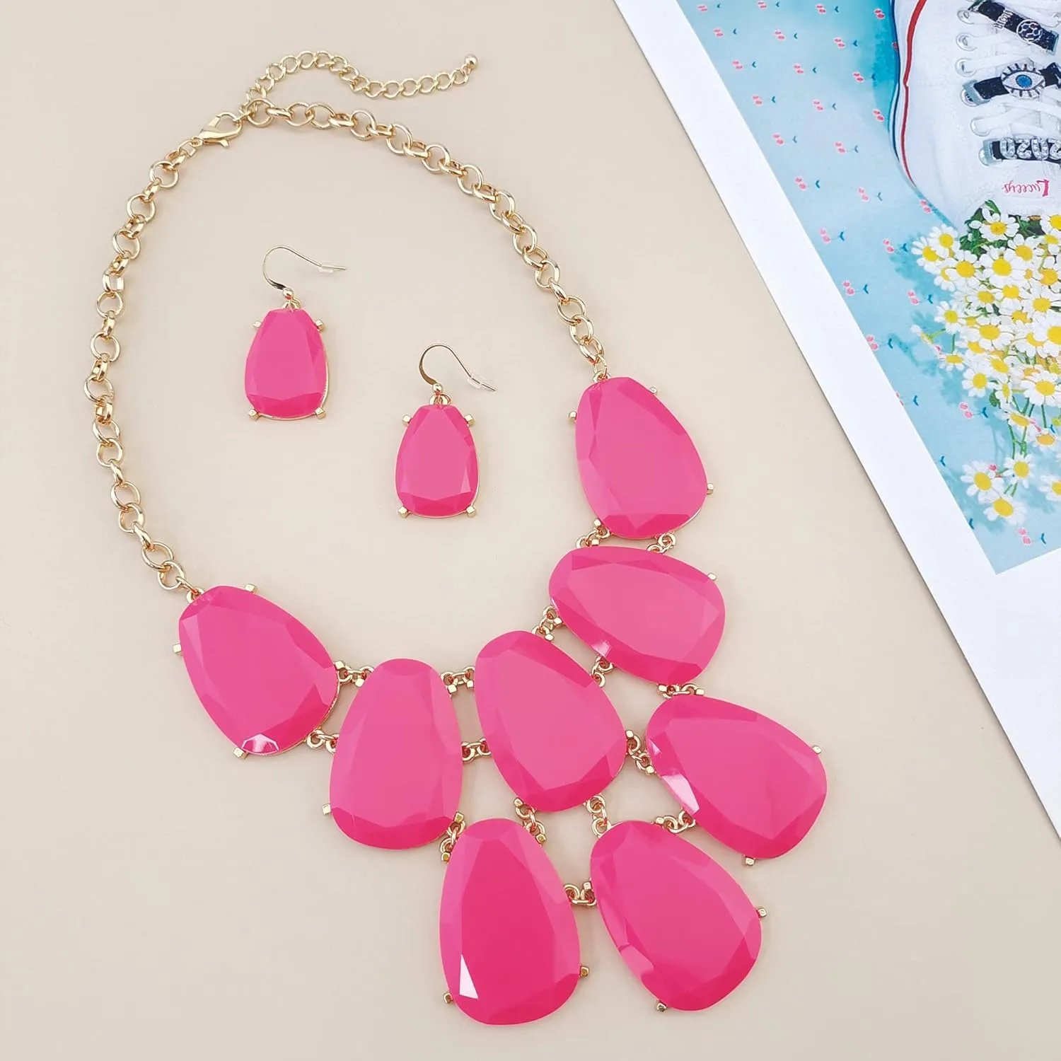 Firstmeet Chunky Bubble Statement Collar Necklace with Earrings for Women