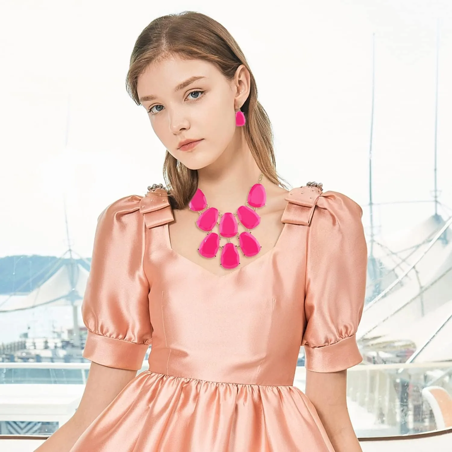 Firstmeet Chunky Bubble Statement Collar Necklace with Earrings for Women