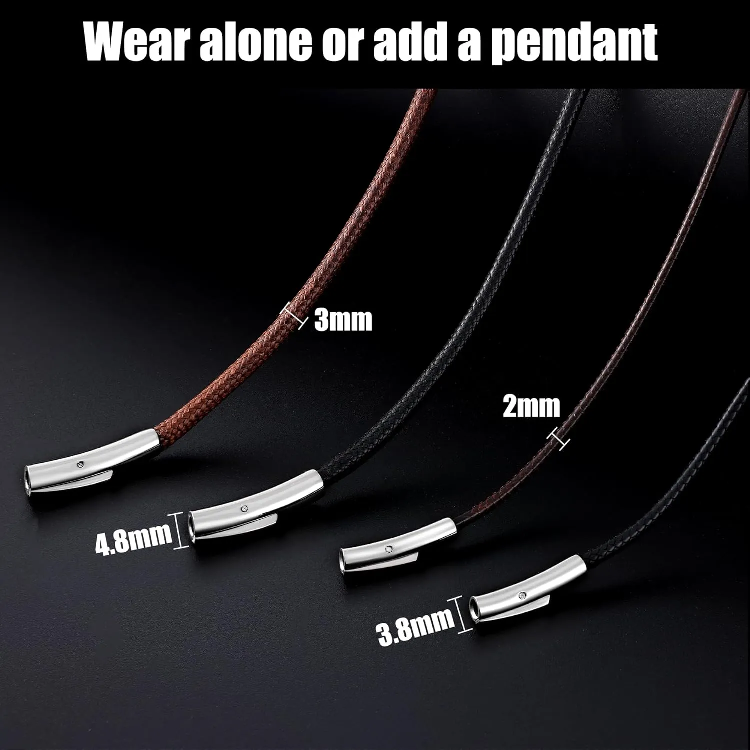 Fiusem Black/Brown Braided String Cord Necklace for Men, 2/3MM Waterproof Leather Cord Chain, Mens Necklace 16-28 Inch