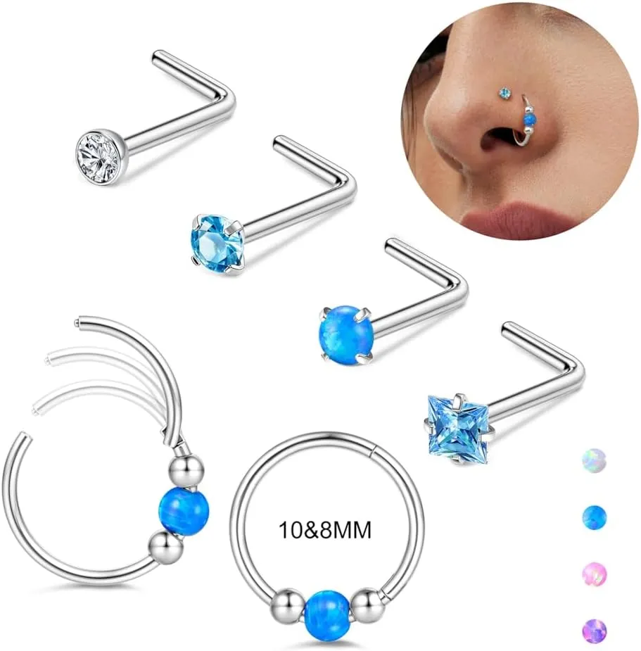 Florideco 6PCS Opal Nose Rings for Women 8mm& 10mm Surgical Steel Nose Ring Hoop L Shaped Nose Rings Studs Hypoallergenic Nostril Septum Cartilage Helix Nose Piercing Jewelry 18G 20G