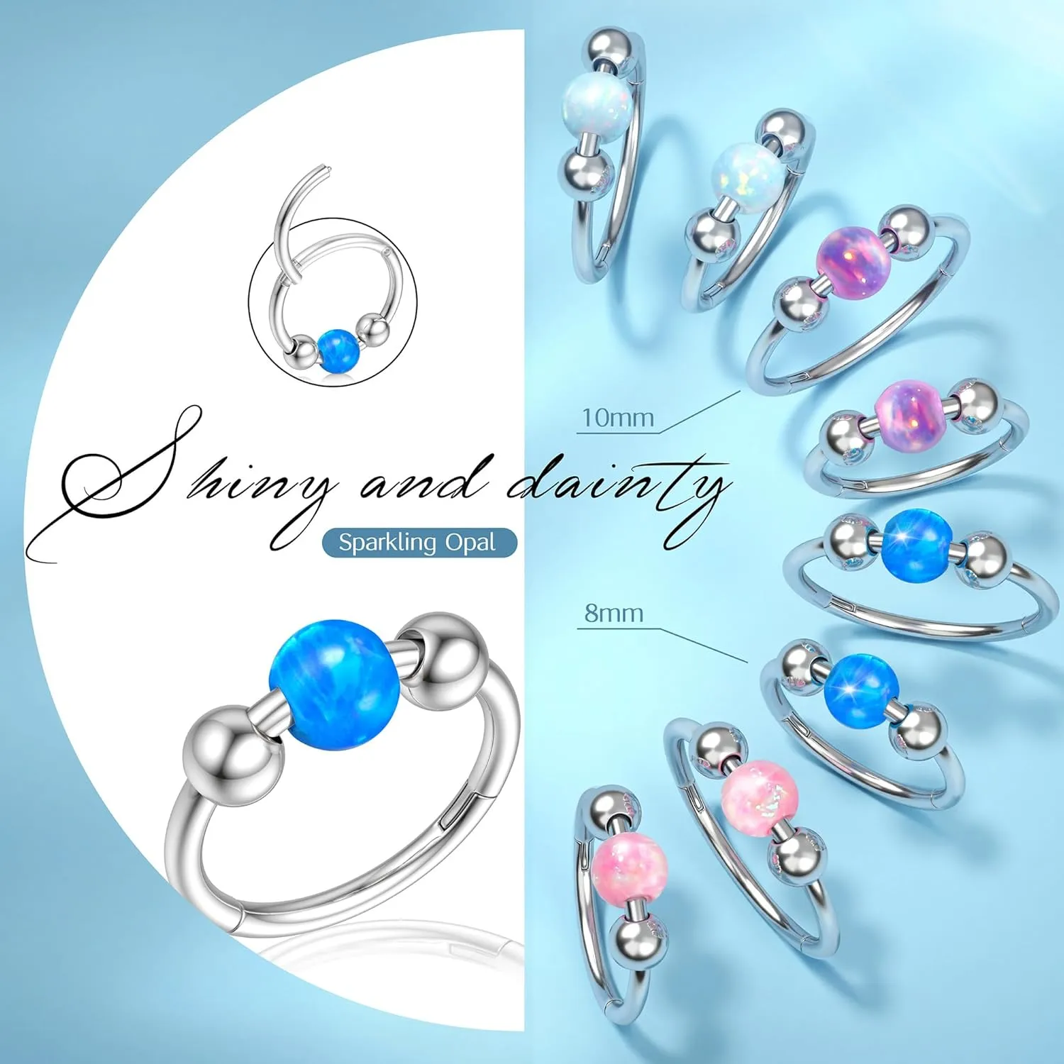 Florideco 6PCS Opal Nose Rings for Women 8mm& 10mm Surgical Steel Nose Ring Hoop L Shaped Nose Rings Studs Hypoallergenic Nostril Septum Cartilage Helix Nose Piercing Jewelry 18G 20G