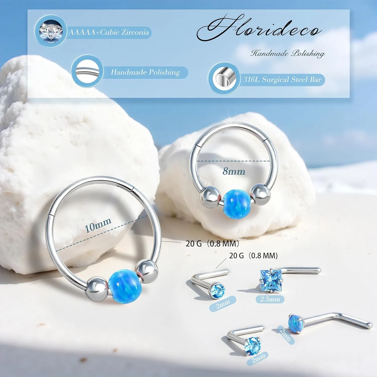 Florideco 6PCS Opal Nose Rings for Women 8mm& 10mm Surgical Steel Nose Ring Hoop L Shaped Nose Rings Studs Hypoallergenic Nostril Septum Cartilage Helix Nose Piercing Jewelry 18G 20G