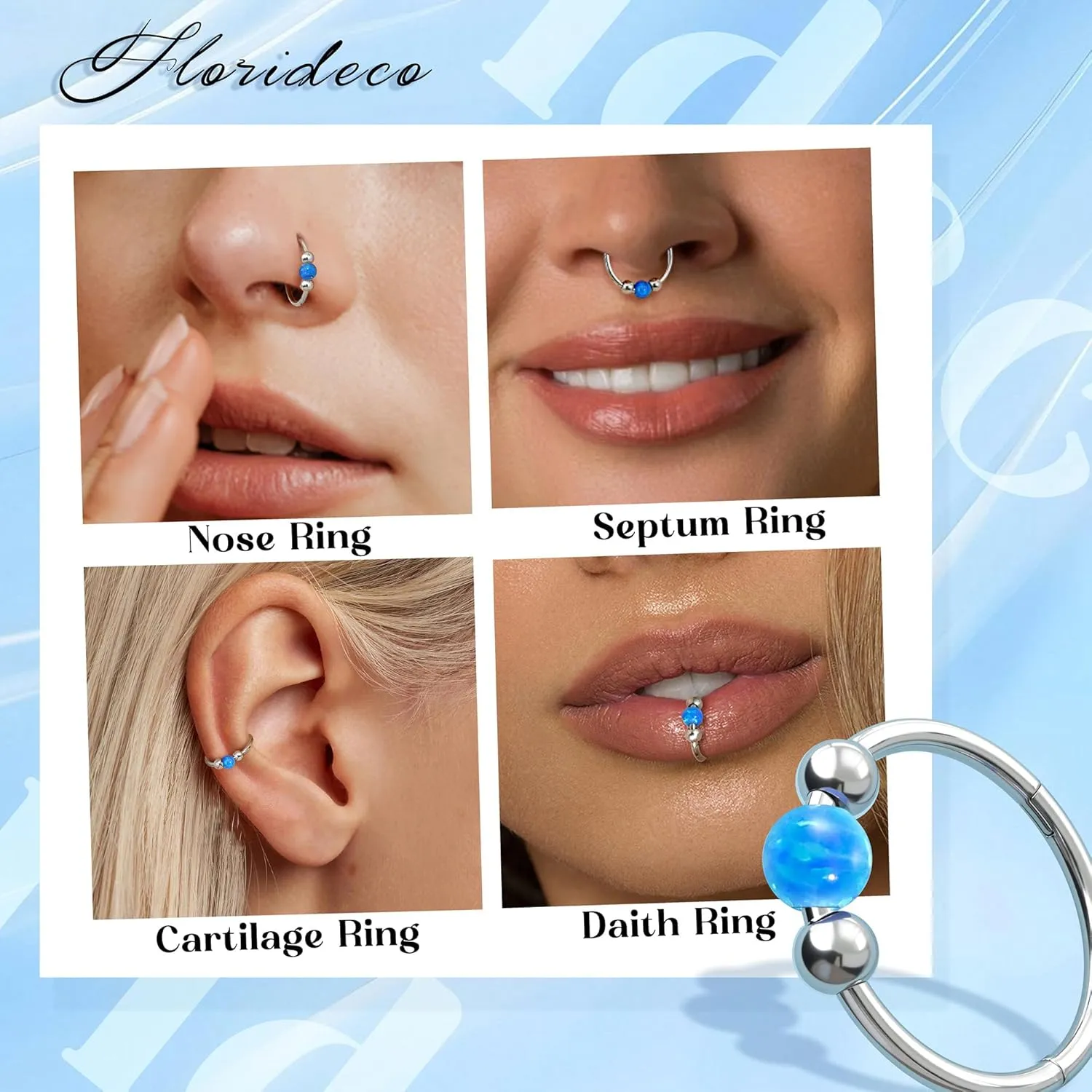 Florideco 6PCS Opal Nose Rings for Women 8mm& 10mm Surgical Steel Nose Ring Hoop L Shaped Nose Rings Studs Hypoallergenic Nostril Septum Cartilage Helix Nose Piercing Jewelry 18G 20G