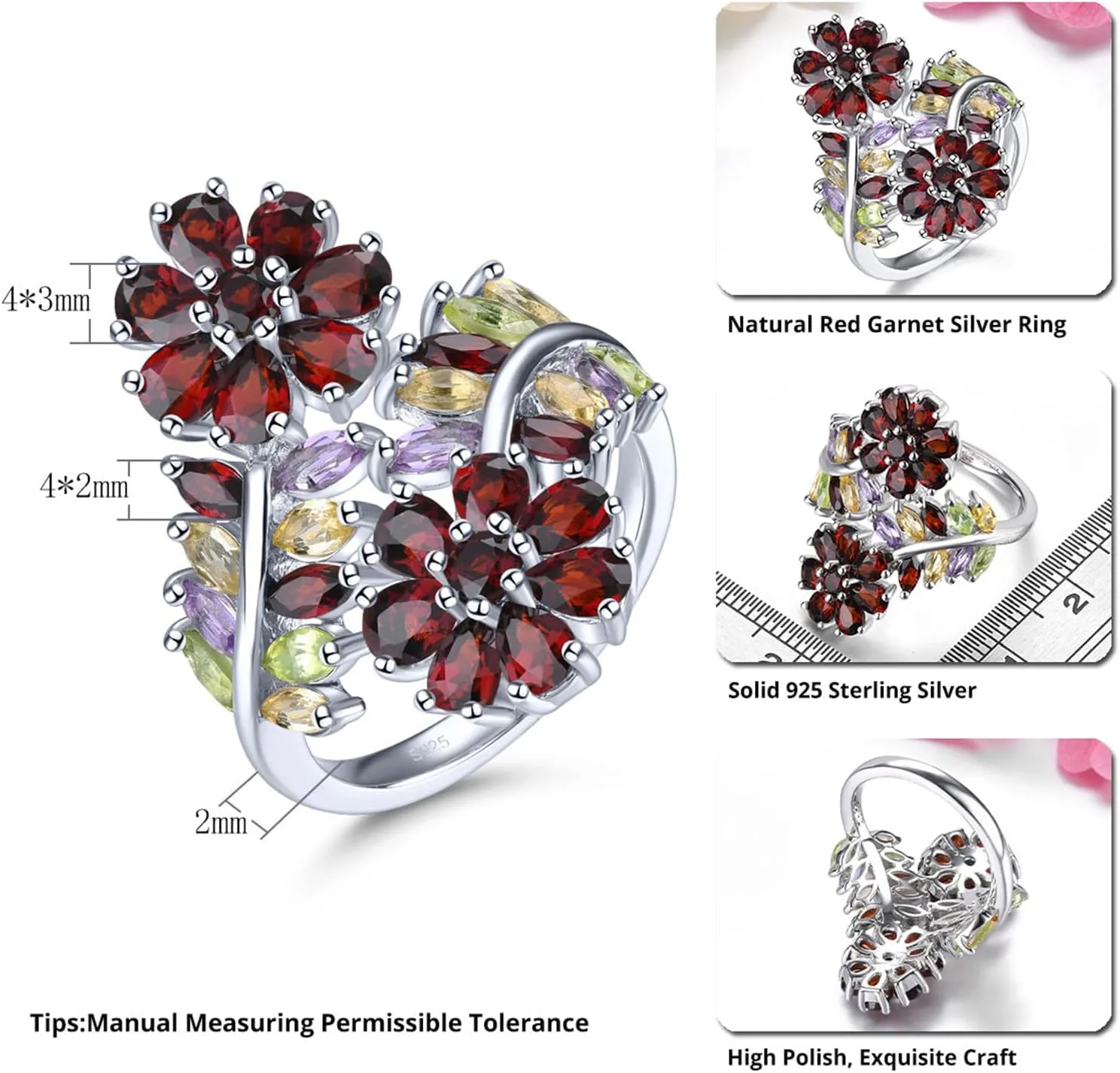 Flower Style Women Rings Colorful Gems Natural Garnet Peridot Amethyst Citrine Birthstone Engagement Promise Ring Hypoallergenic S925 Sterling Silver Fine Jewelry