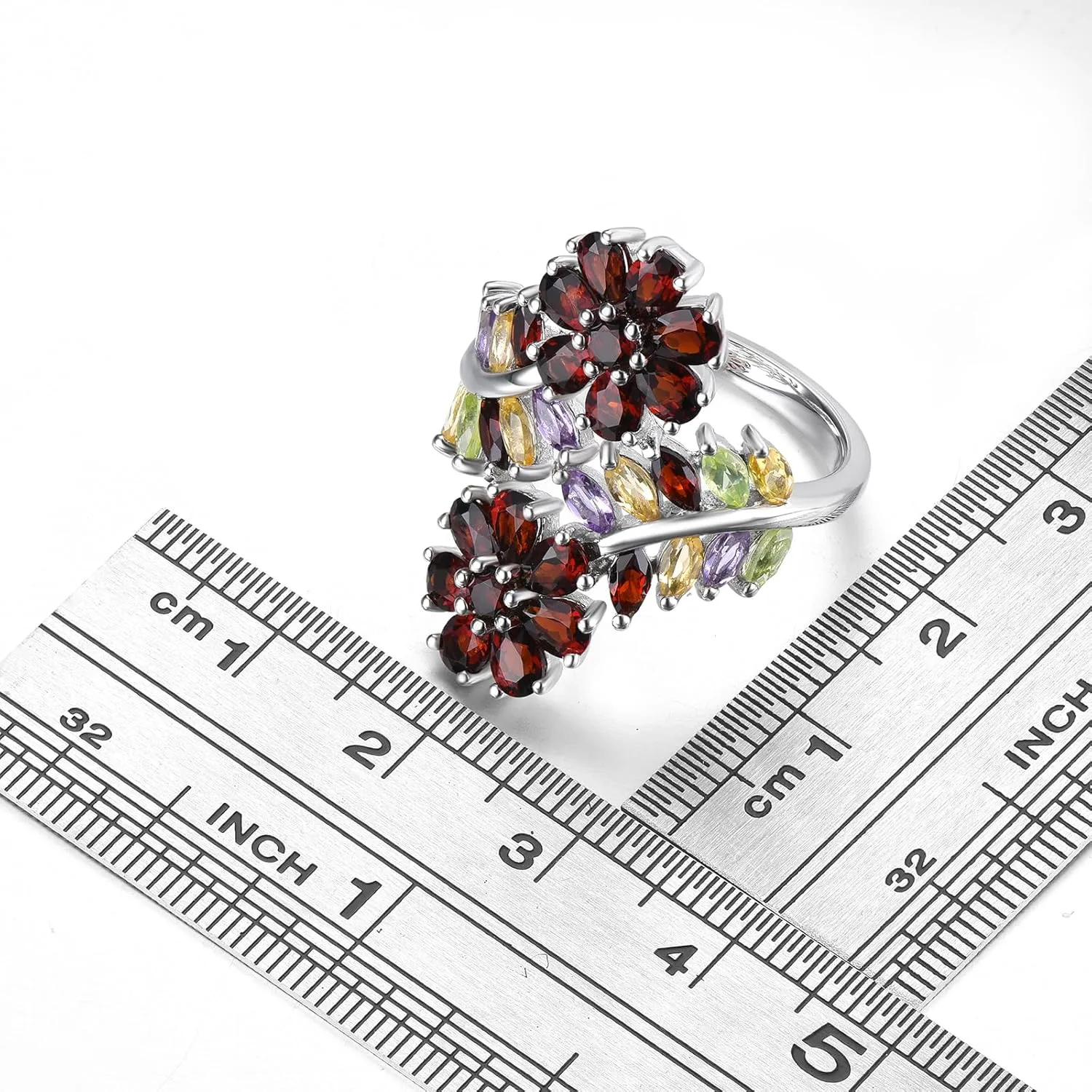 Flower Style Women Rings Colorful Gems Natural Garnet Peridot Amethyst Citrine Birthstone Engagement Promise Ring Hypoallergenic S925 Sterling Silver Fine Jewelry