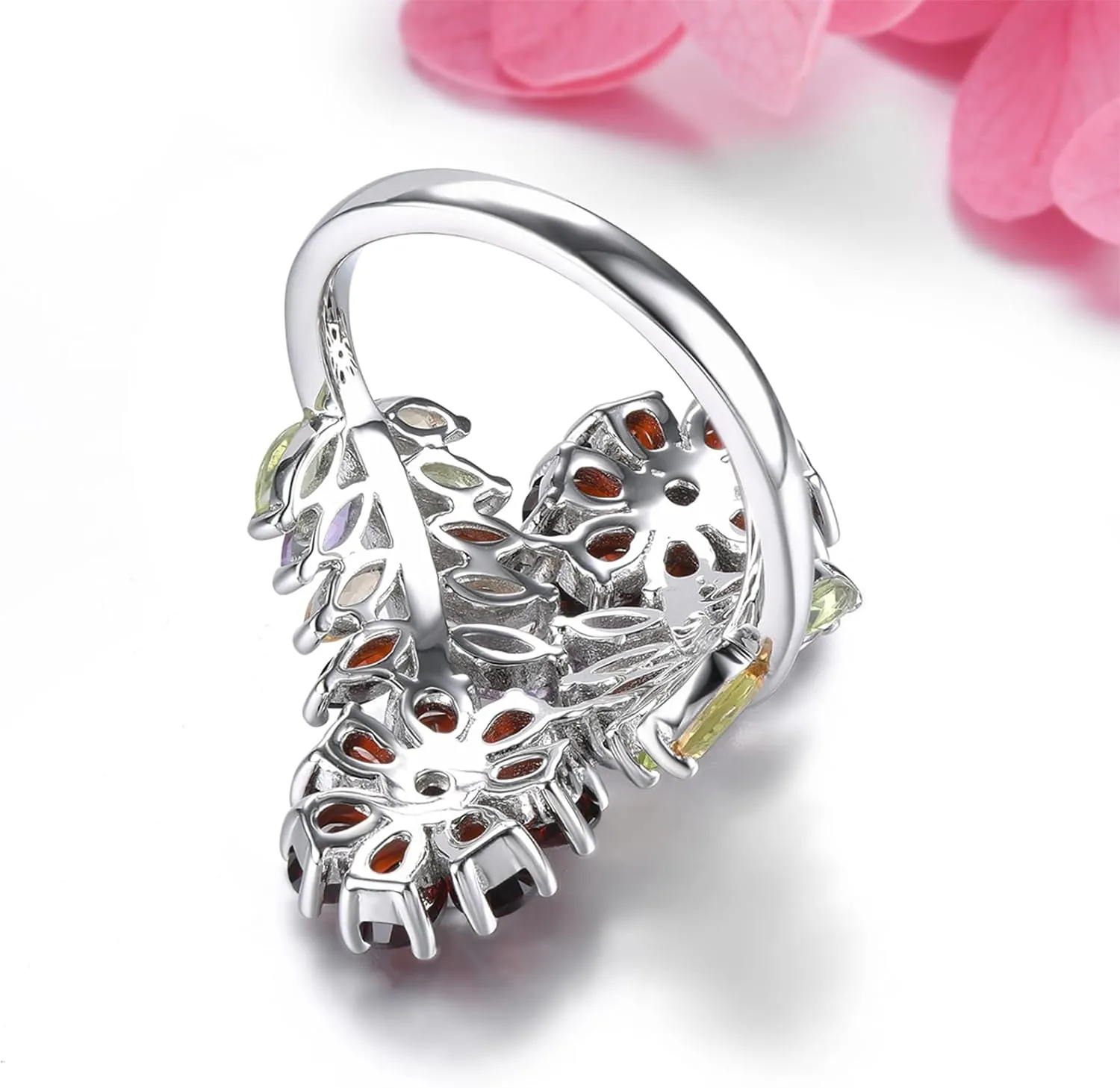 Flower Style Women Rings Colorful Gems Natural Garnet Peridot Amethyst Citrine Birthstone Engagement Promise Ring Hypoallergenic S925 Sterling Silver Fine Jewelry
