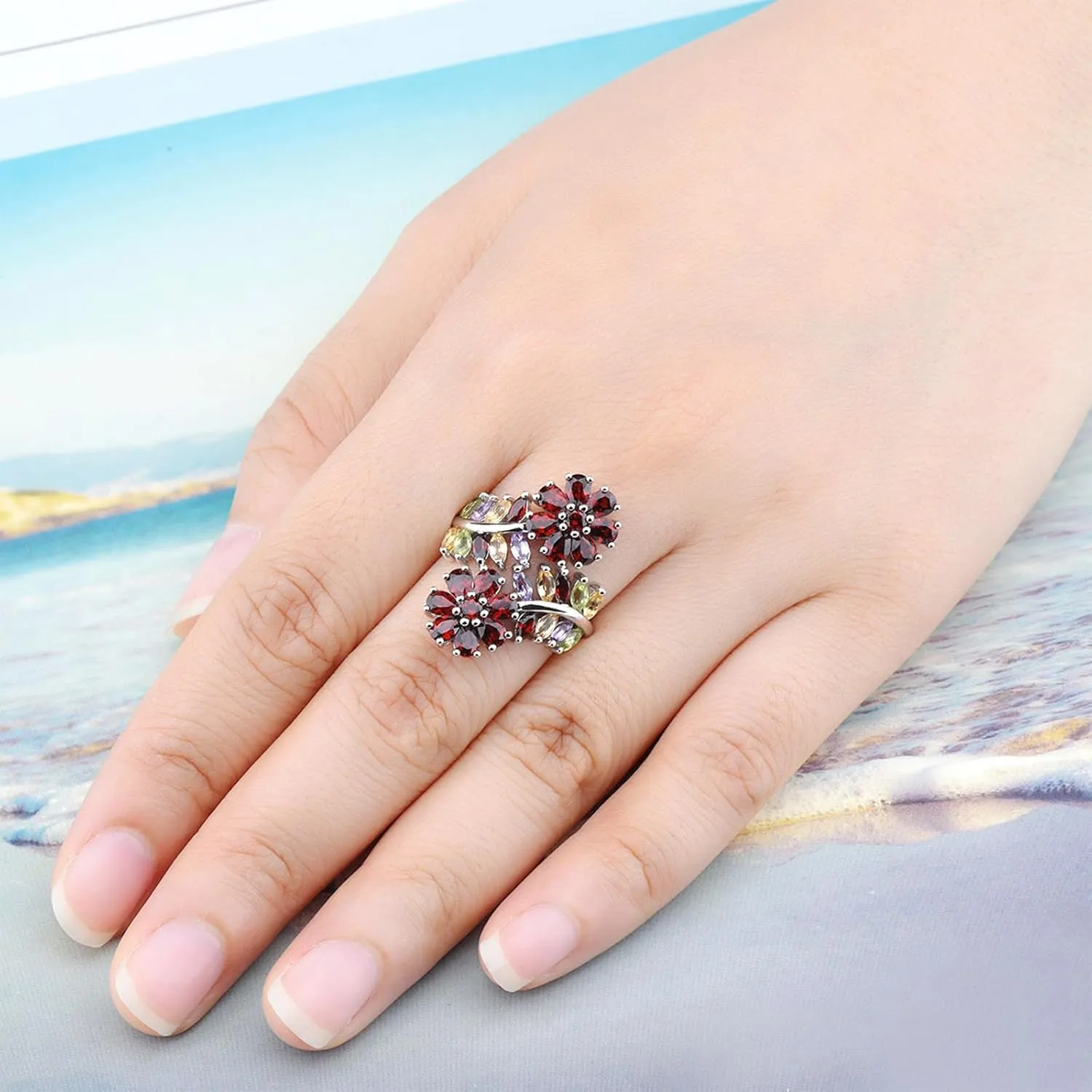 Flower Style Women Rings Colorful Gems Natural Garnet Peridot Amethyst Citrine Birthstone Engagement Promise Ring Hypoallergenic S925 Sterling Silver Fine Jewelry
