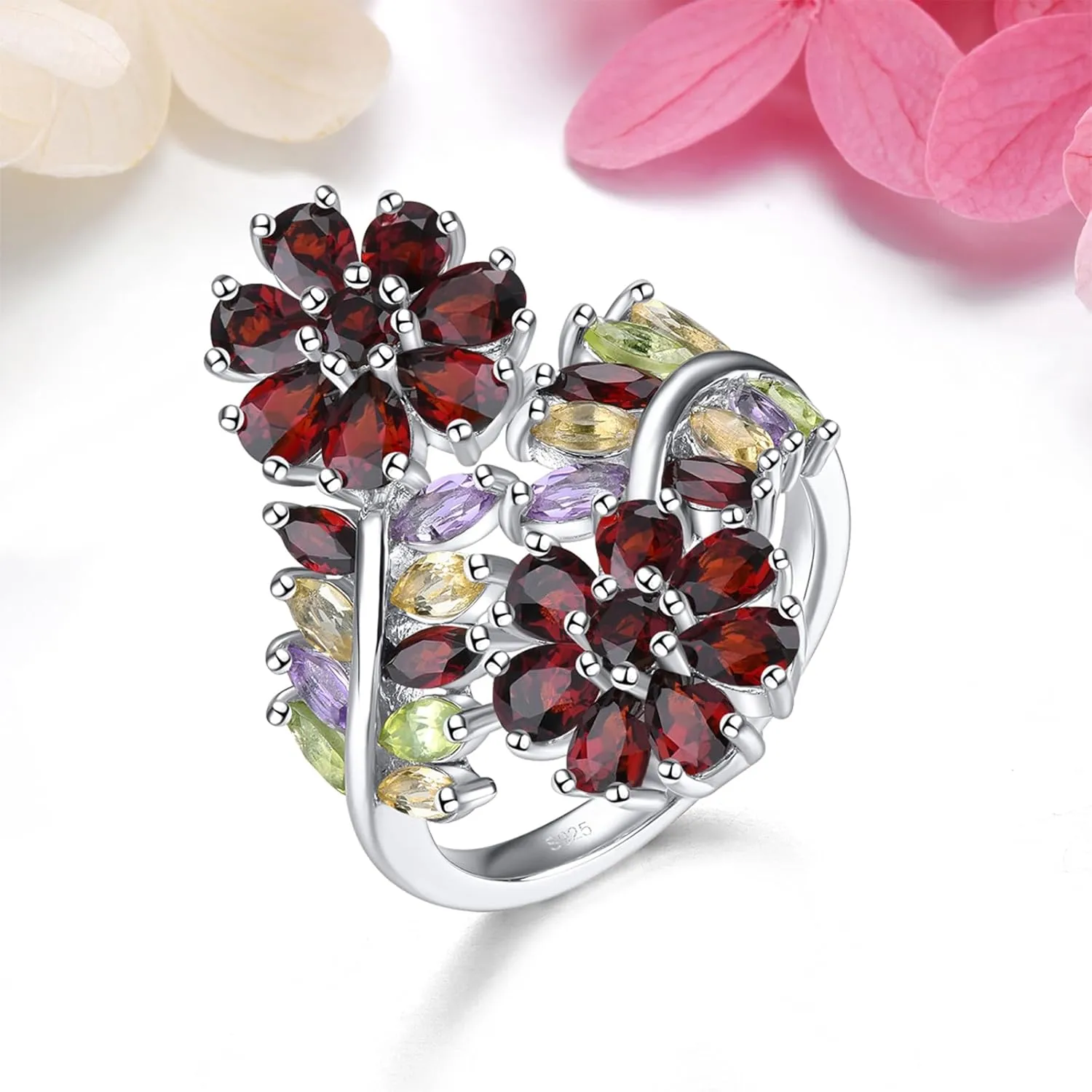 Flower Style Women Rings Colorful Gems Natural Garnet Peridot Amethyst Citrine Birthstone Engagement Promise Ring Hypoallergenic S925 Sterling Silver Fine Jewelry