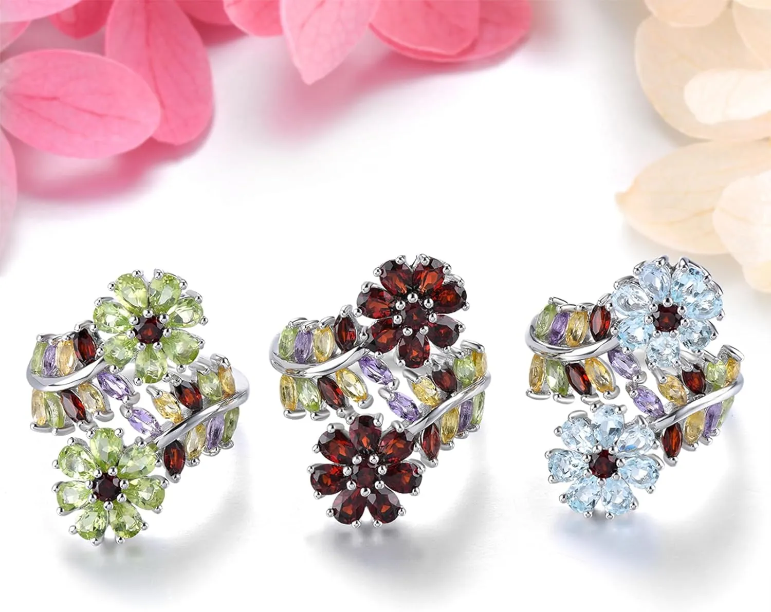 Flower Style Women Rings Colorful Gems Natural Garnet Peridot Amethyst Citrine Birthstone Engagement Promise Ring Hypoallergenic S925 Sterling Silver Fine Jewelry