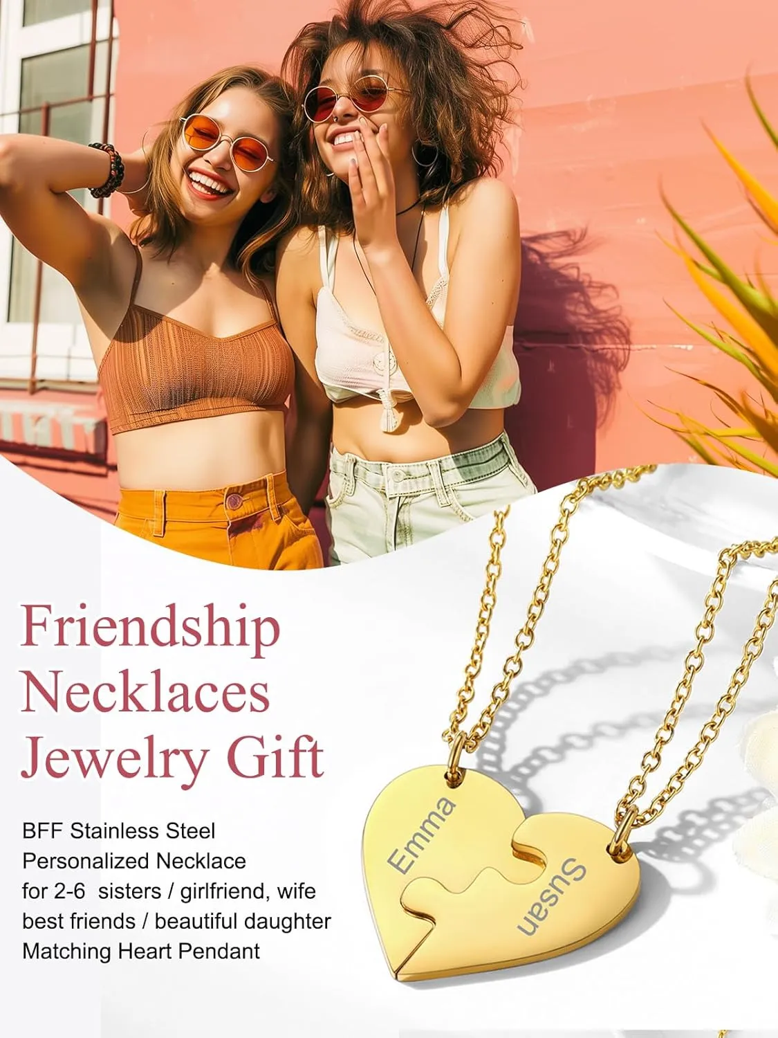 FOCALOOK Matching Necklace for Couples Personalized BFF Heart Puzzle Friendship Pendant 2/3/4/5/6 Pcs Matching Split Heart Engraved Name Customized Birthstone Necklaces for Best Friend(With Gift Box)