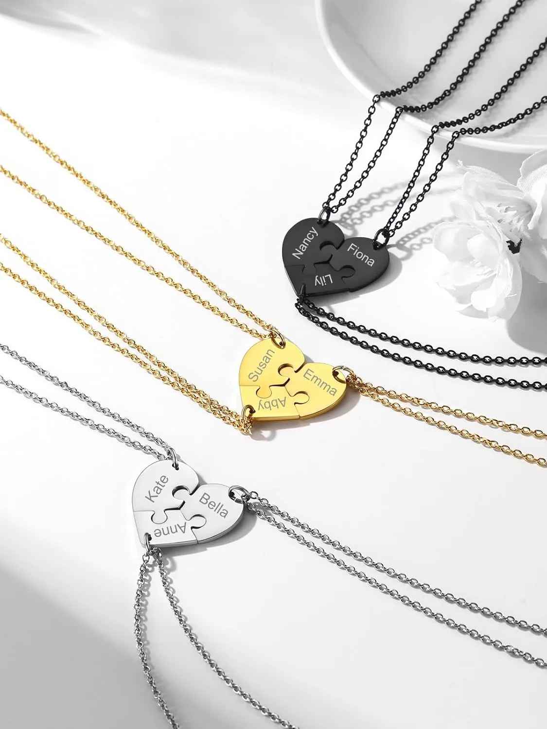 FOCALOOK Matching Necklace for Couples Personalized BFF Heart Puzzle Friendship Pendant 2/3/4/5/6 Pcs Matching Split Heart Engraved Name Customized Birthstone Necklaces for Best Friend(With Gift Box)