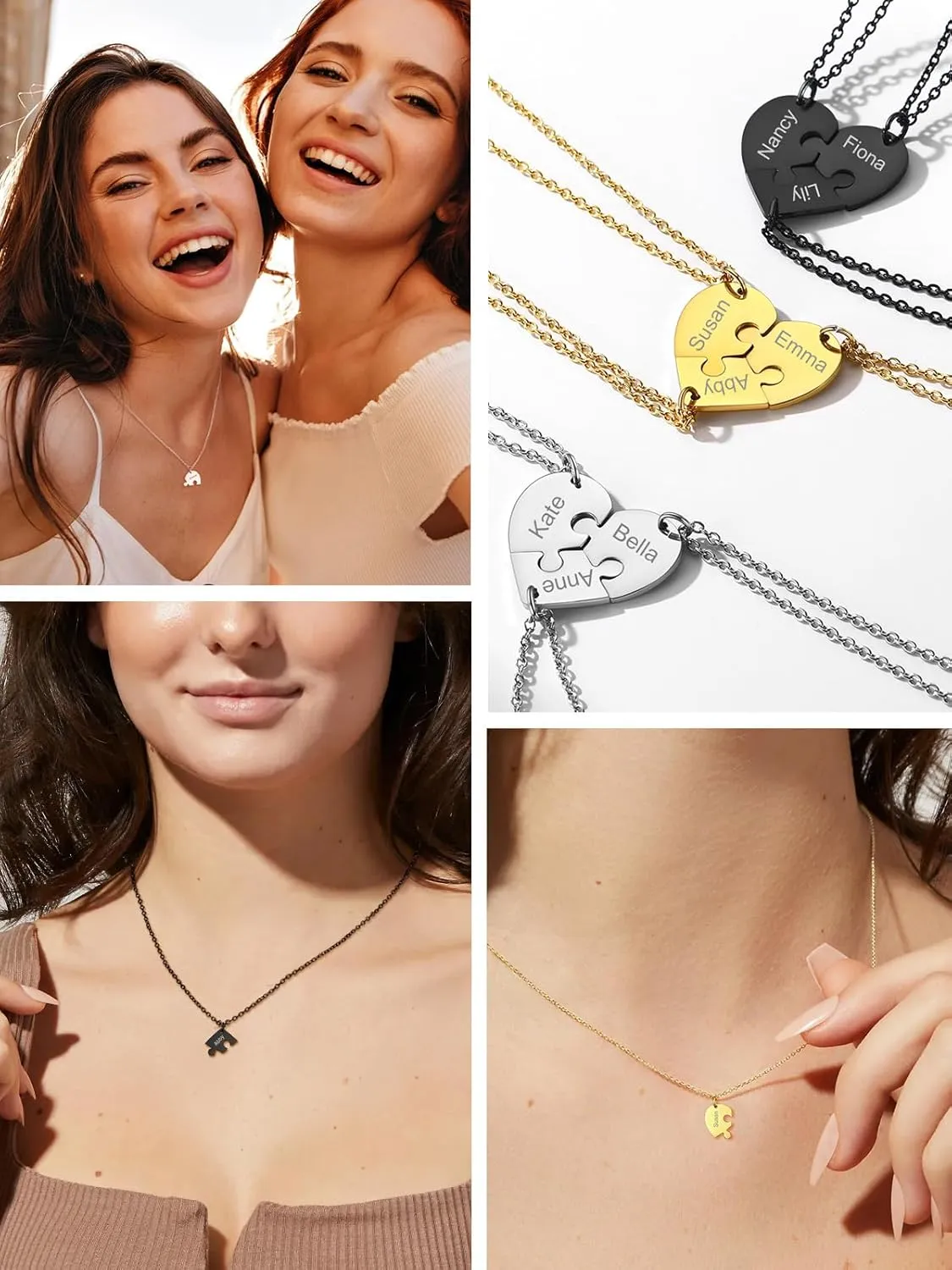 FOCALOOK Matching Necklace for Couples Personalized BFF Heart Puzzle Friendship Pendant 2/3/4/5/6 Pcs Matching Split Heart Engraved Name Customized Birthstone Necklaces for Best Friend(With Gift Box)