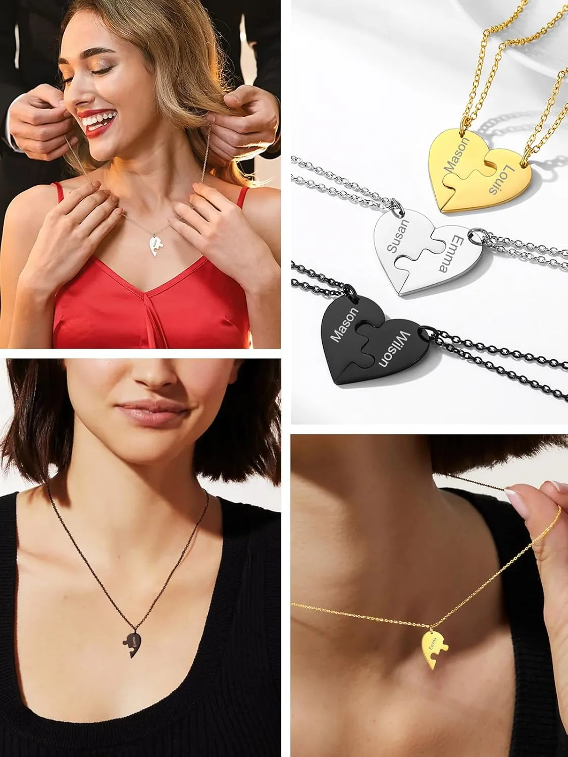 FOCALOOK Matching Necklace for Couples Personalized BFF Heart Puzzle Friendship Pendant 2/3/4/5/6 Pcs Matching Split Heart Engraved Name Customized Birthstone Necklaces for Best Friend(With Gift Box)