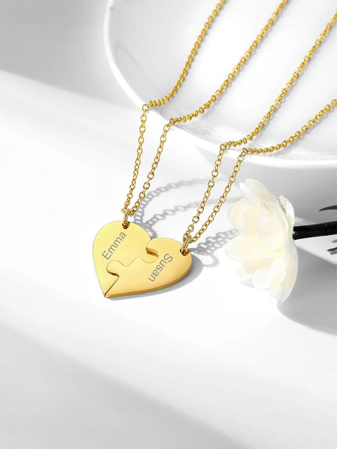 FOCALOOK Matching Necklace for Couples Personalized BFF Heart Puzzle Friendship Pendant 2/3/4/5/6 Pcs Matching Split Heart Engraved Name Customized Birthstone Necklaces for Best Friend(With Gift Box)