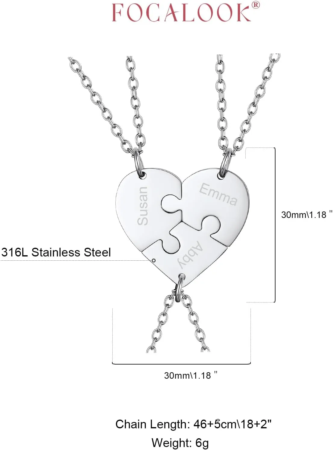 FOCALOOK Matching Necklace for Couples Personalized BFF Heart Puzzle Friendship Pendant 2/3/4/5/6 Pcs Matching Split Heart Engraved Name Customized Birthstone Necklaces for Best Friend(With Gift Box)
