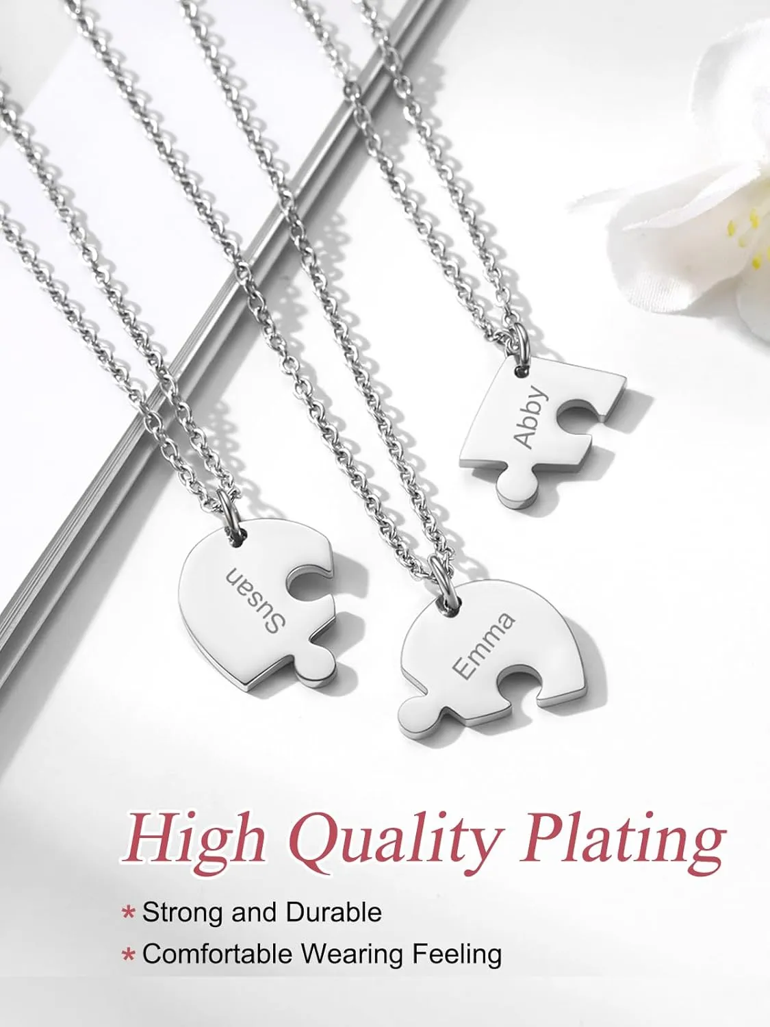 FOCALOOK Matching Necklace for Couples Personalized BFF Heart Puzzle Friendship Pendant 2/3/4/5/6 Pcs Matching Split Heart Engraved Name Customized Birthstone Necklaces for Best Friend(With Gift Box)