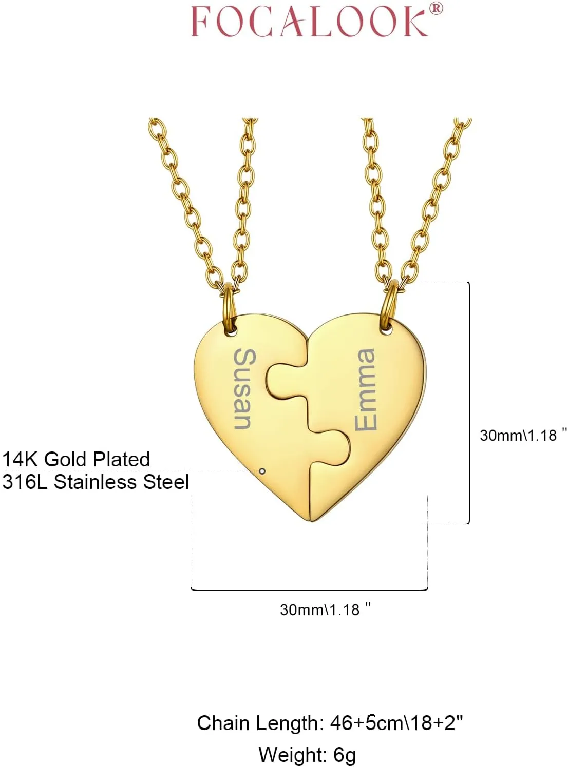 FOCALOOK Matching Necklace for Couples Personalized BFF Heart Puzzle Friendship Pendant 2/3/4/5/6 Pcs Matching Split Heart Engraved Name Customized Birthstone Necklaces for Best Friend(With Gift Box)