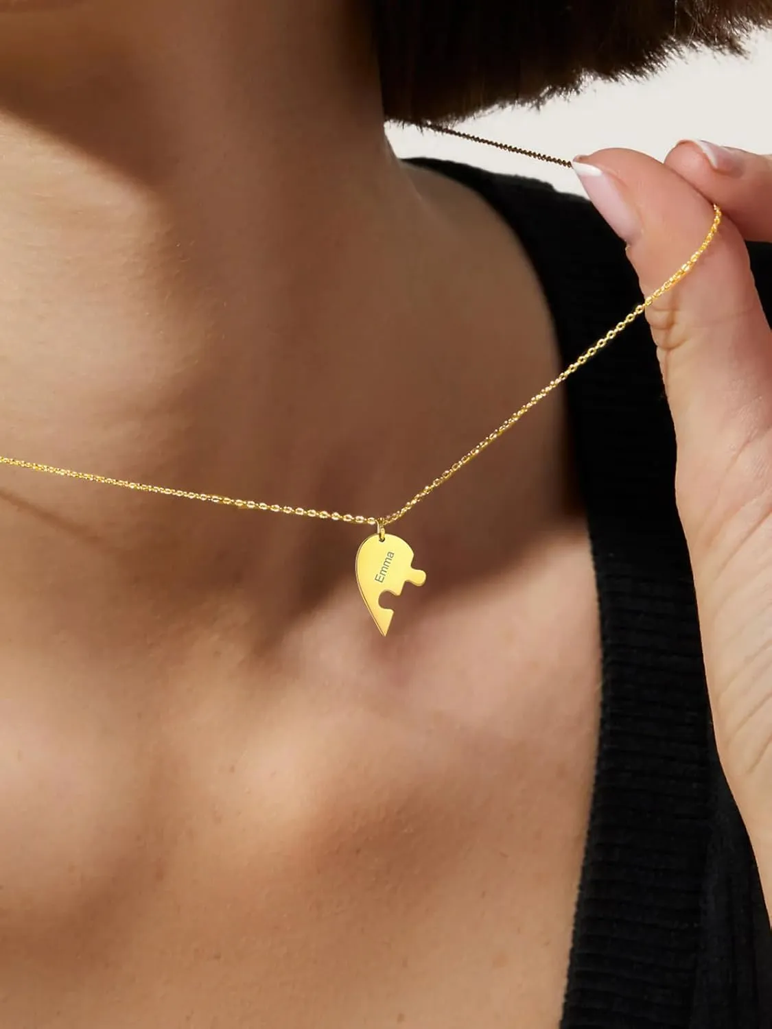 FOCALOOK Matching Necklace for Couples Personalized BFF Heart Puzzle Friendship Pendant 2/3/4/5/6 Pcs Matching Split Heart Engraved Name Customized Birthstone Necklaces for Best Friend(With Gift Box)