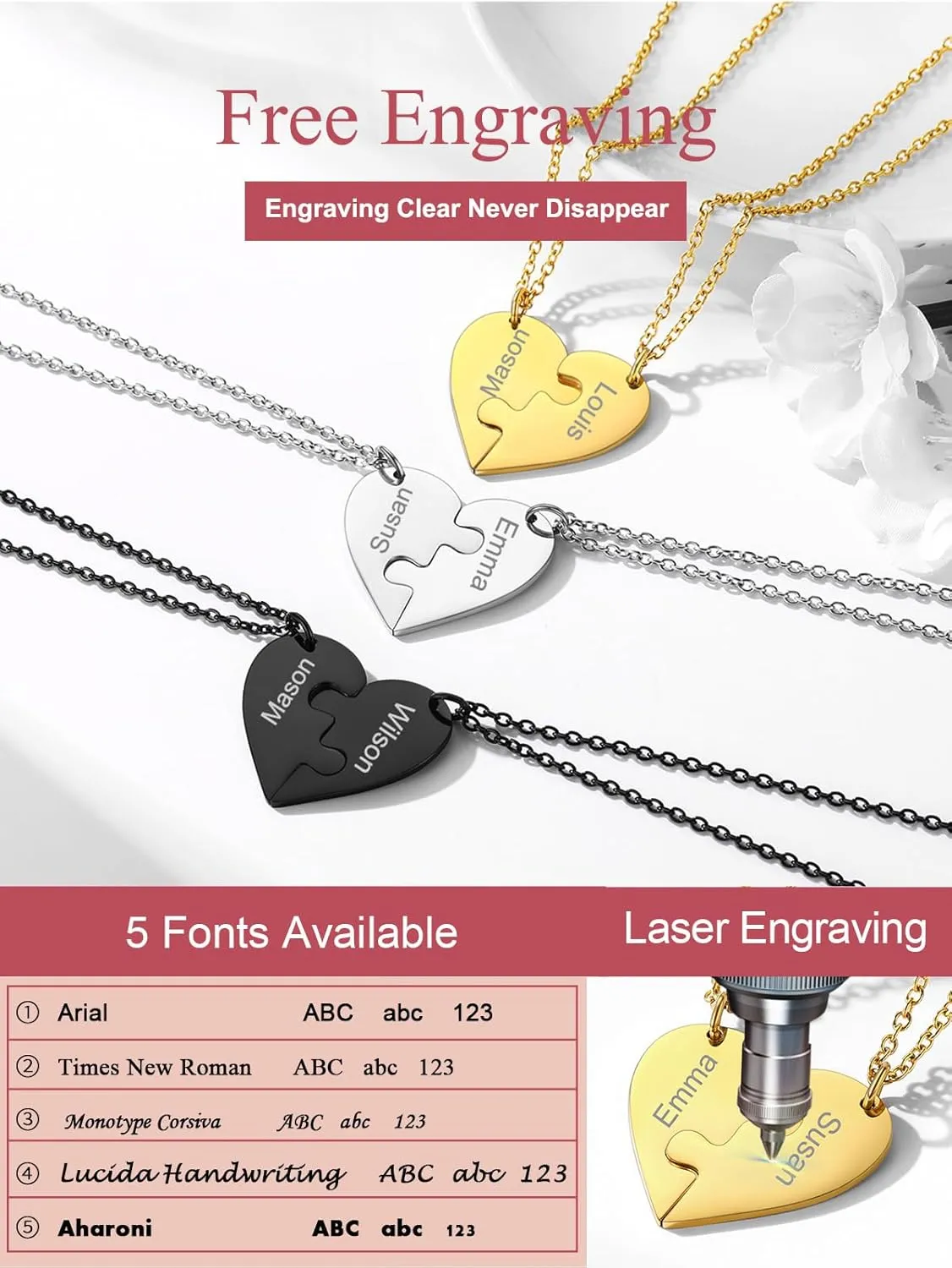 FOCALOOK Matching Necklace for Couples Personalized BFF Heart Puzzle Friendship Pendant 2/3/4/5/6 Pcs Matching Split Heart Engraved Name Customized Birthstone Necklaces for Best Friend(With Gift Box)