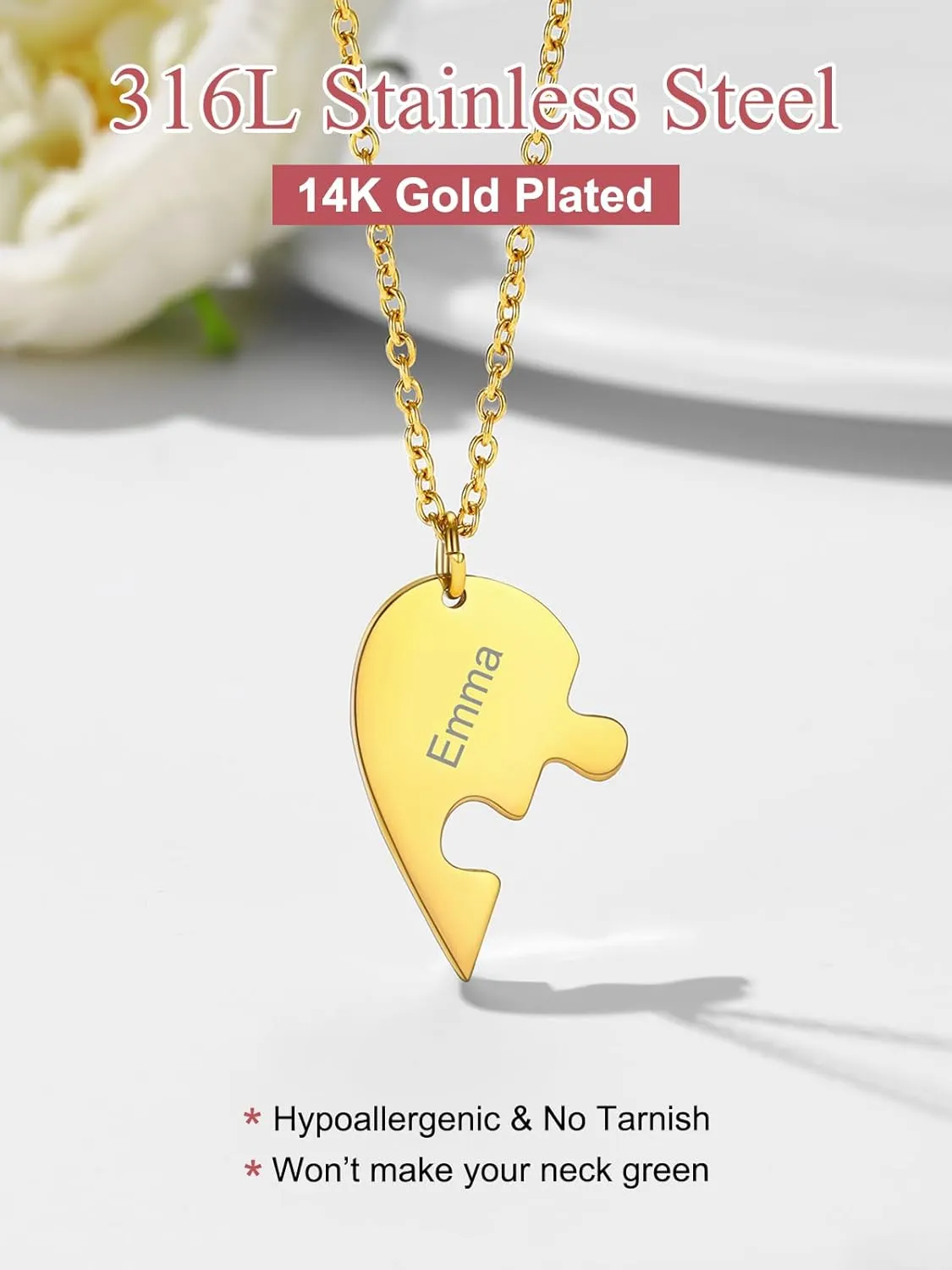 FOCALOOK Matching Necklace for Couples Personalized BFF Heart Puzzle Friendship Pendant 2/3/4/5/6 Pcs Matching Split Heart Engraved Name Customized Birthstone Necklaces for Best Friend(With Gift Box)