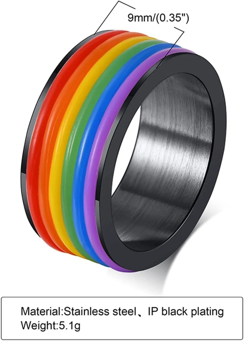 Friendship Rings for Women, Stainless Steel Rings for Men 9mm Black LGBT Ring with Silicone Circle Engagement Couple Rings
