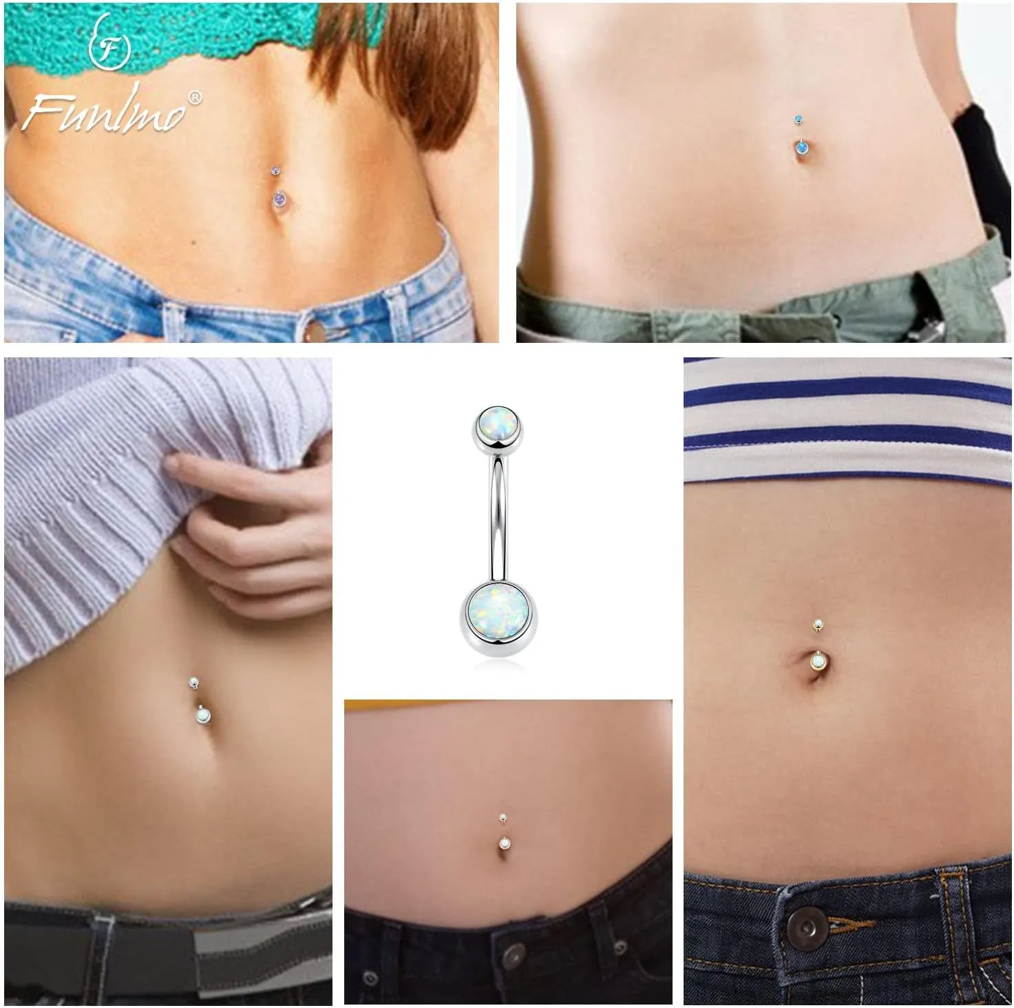 FUNLMO 14G Belly Button Ring Titanium Belly Navel Ring Belly Button Piercing Jewelry Internally Threaded Navel Jewelry Navel Belly Piercing Jewelry Double CZ Opal Inlaid