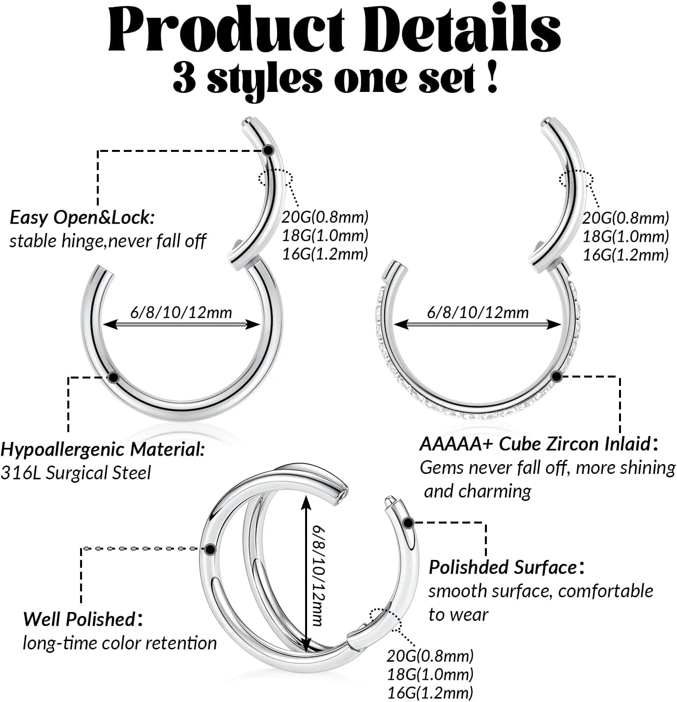 FUNLMO 3Pcs Nose Rings Double Hoop Nose Ring Conch Daith Tragus Helix Rook Piercing Jewelry Surgical Steel Cartilage Earring Conch Hoop Earring Septum Jewelry Lip Ring