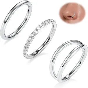 FUNLMO Silver Septum Ring Double Nose Ring 20G Septum Jewelry Conch Daith Tragus Helix Rook Piercing Jewelry 8mm Nose Rings Hoops Surgical Steel Cartilage Earring